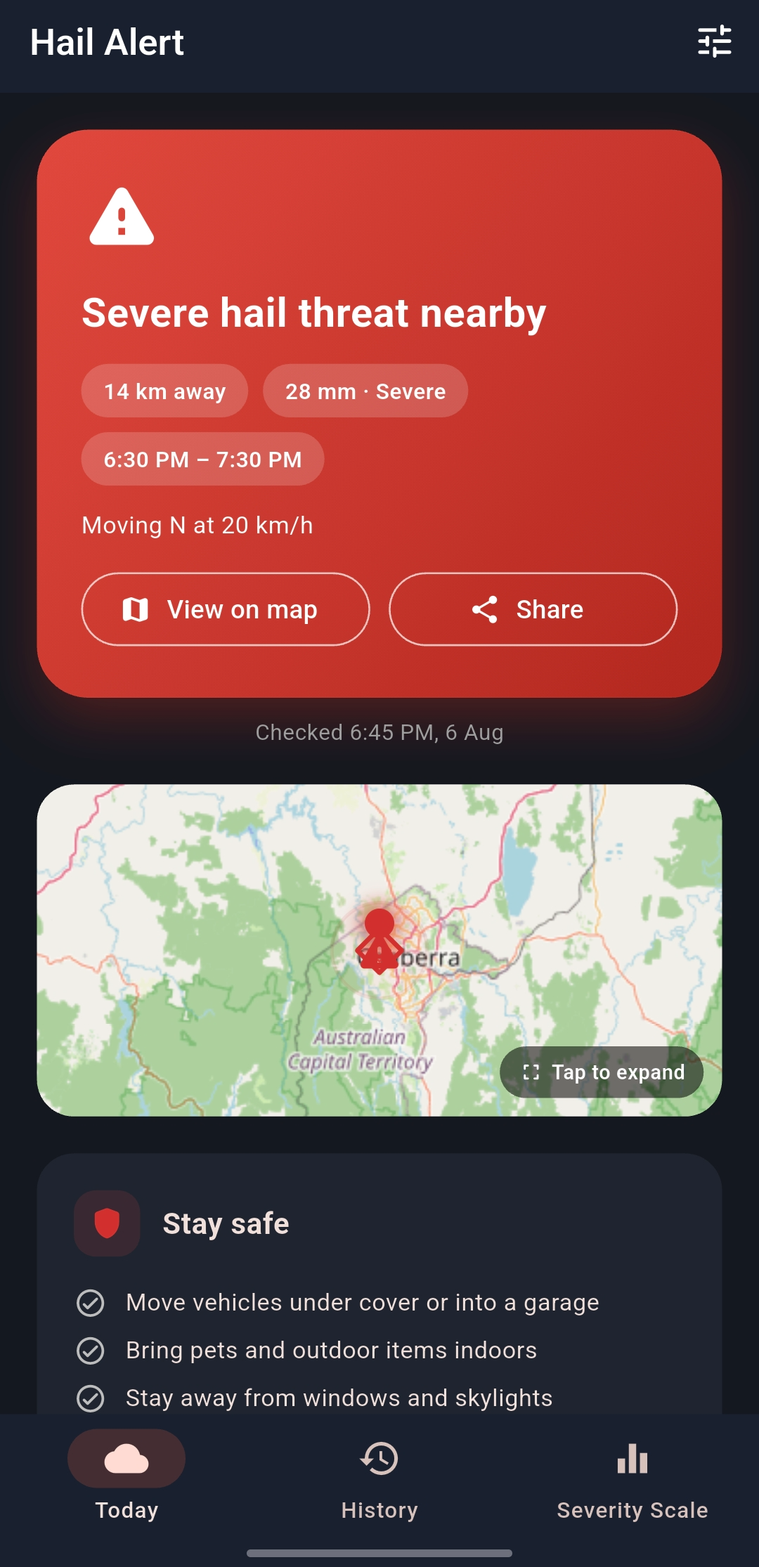 Severe hail threat alert with map and safety advice
