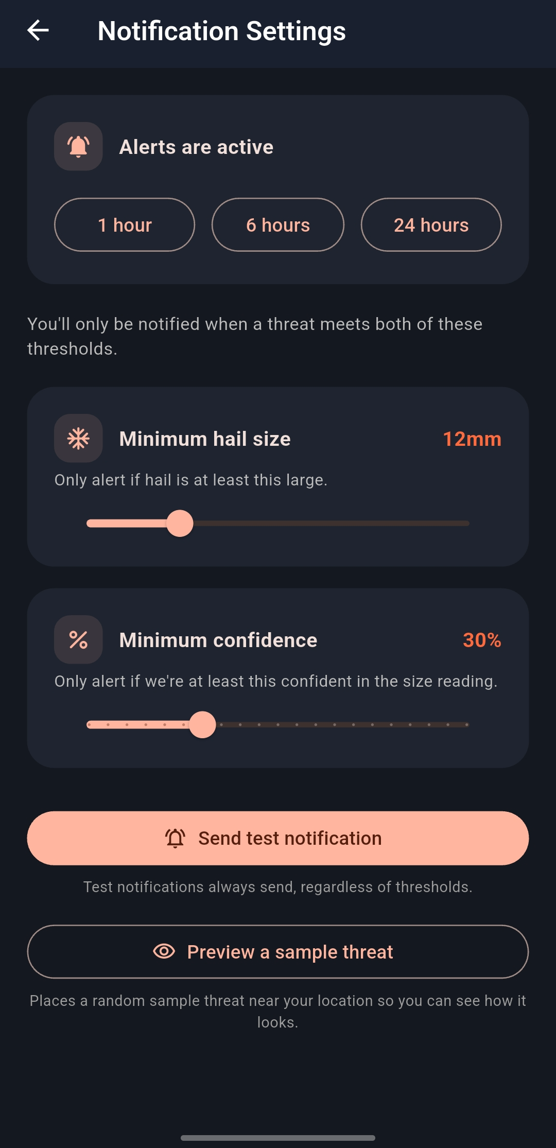 Notification settings with hail size and confidence thresholds